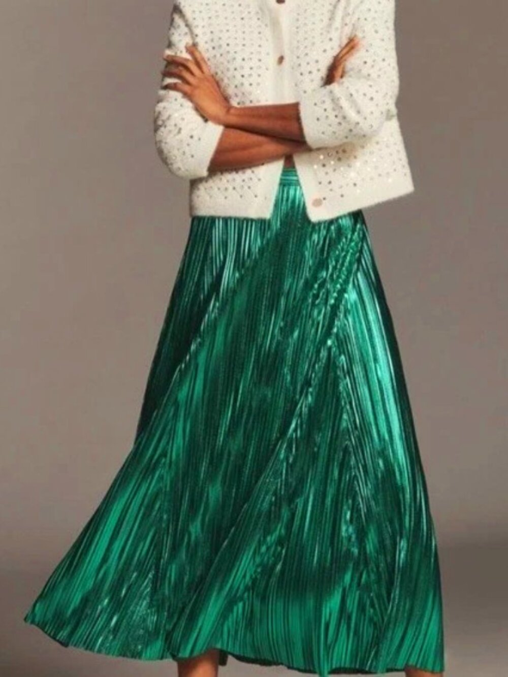 By Anthropologie Metallic Pleated Midi Skirt Emerald Green M